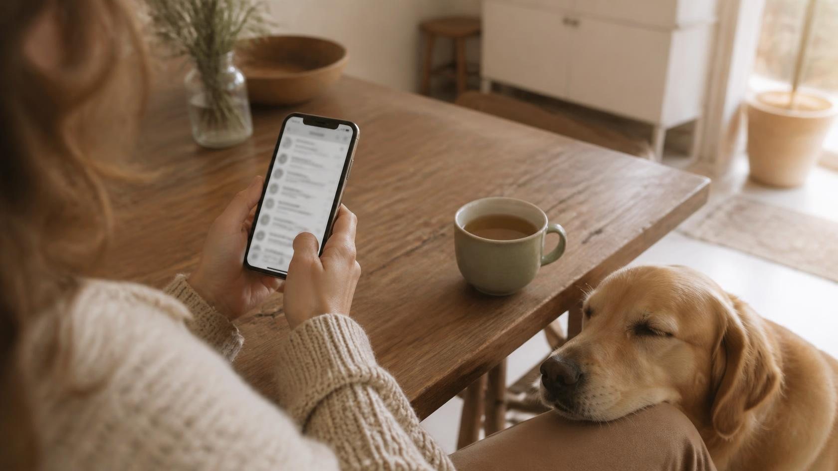 Hands holding a phone, a cup of tea nearby, and a dog resting its chin on her knee.