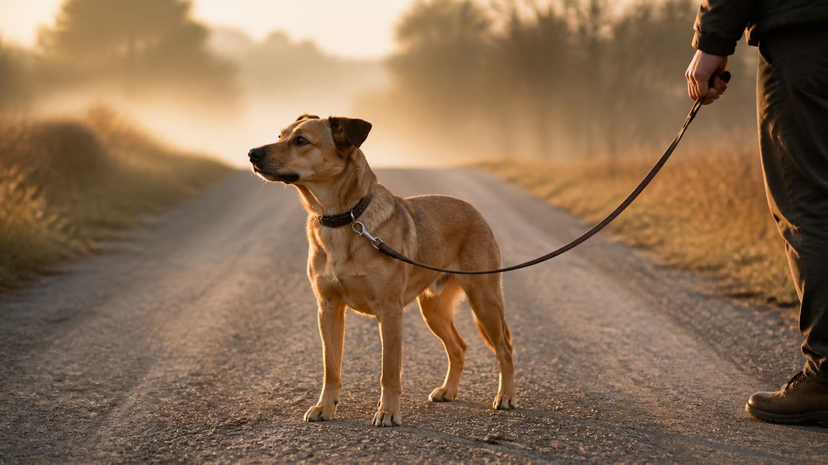 A dog pauses on a misty country road at dawn, attention caught, while the walker holds the leash.